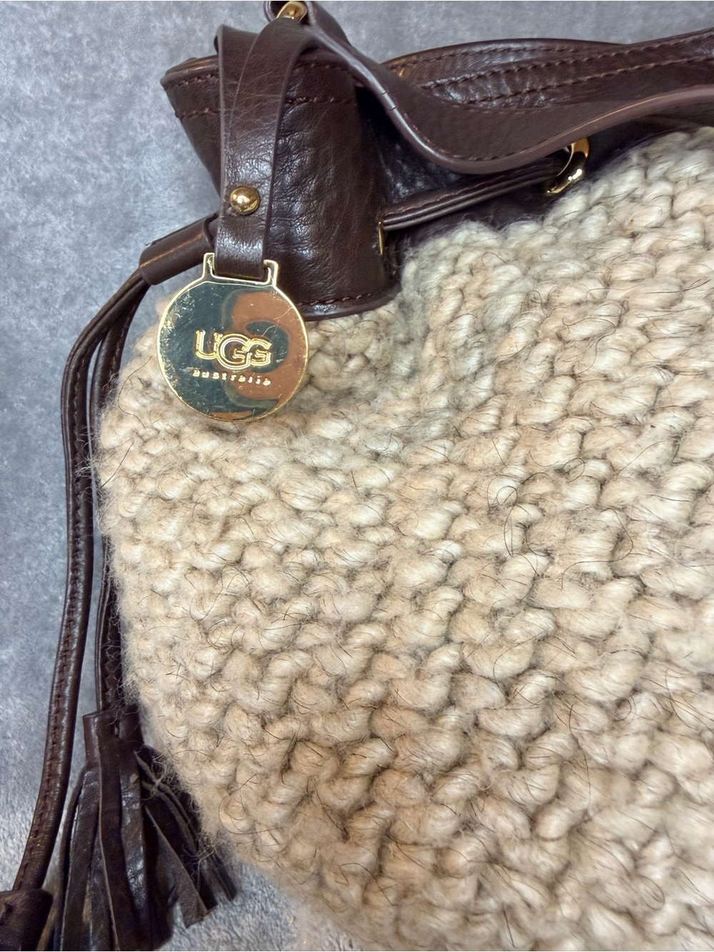 UGG Cable Knit Lambswool and Yak Drawstring Hobo w/ Brown Leather Trim - Picture 2 of 12